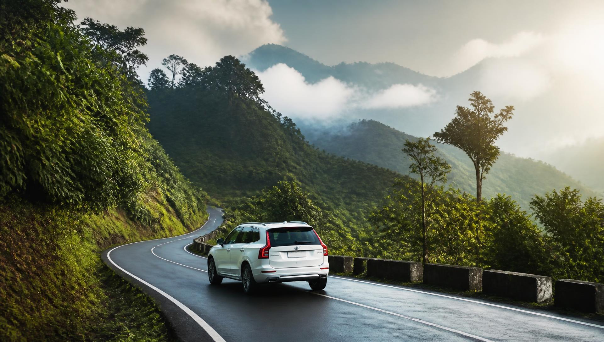 Premium SUV on a scenic mountain highway in Northeast India